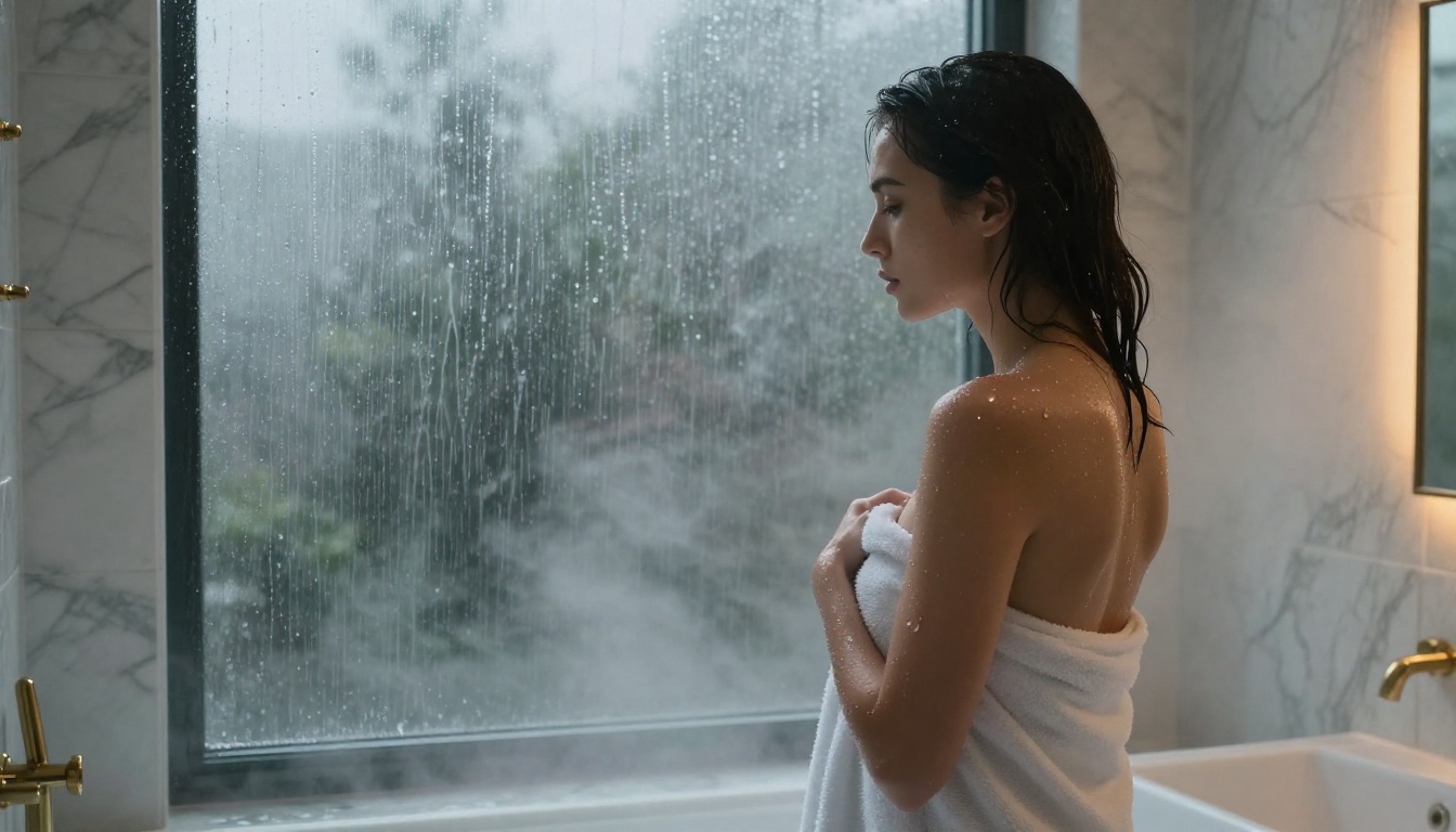 Woman in profile view wrapped in a white towel at a rain-streaked window in a steamy marble bathroom with warm interior light