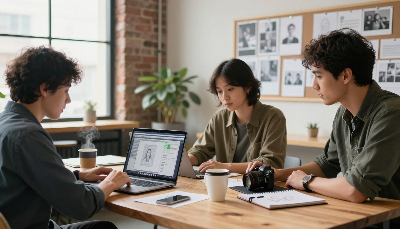 Two professional content creators working side by side at a wooden table in a modern co-working space with natural window light