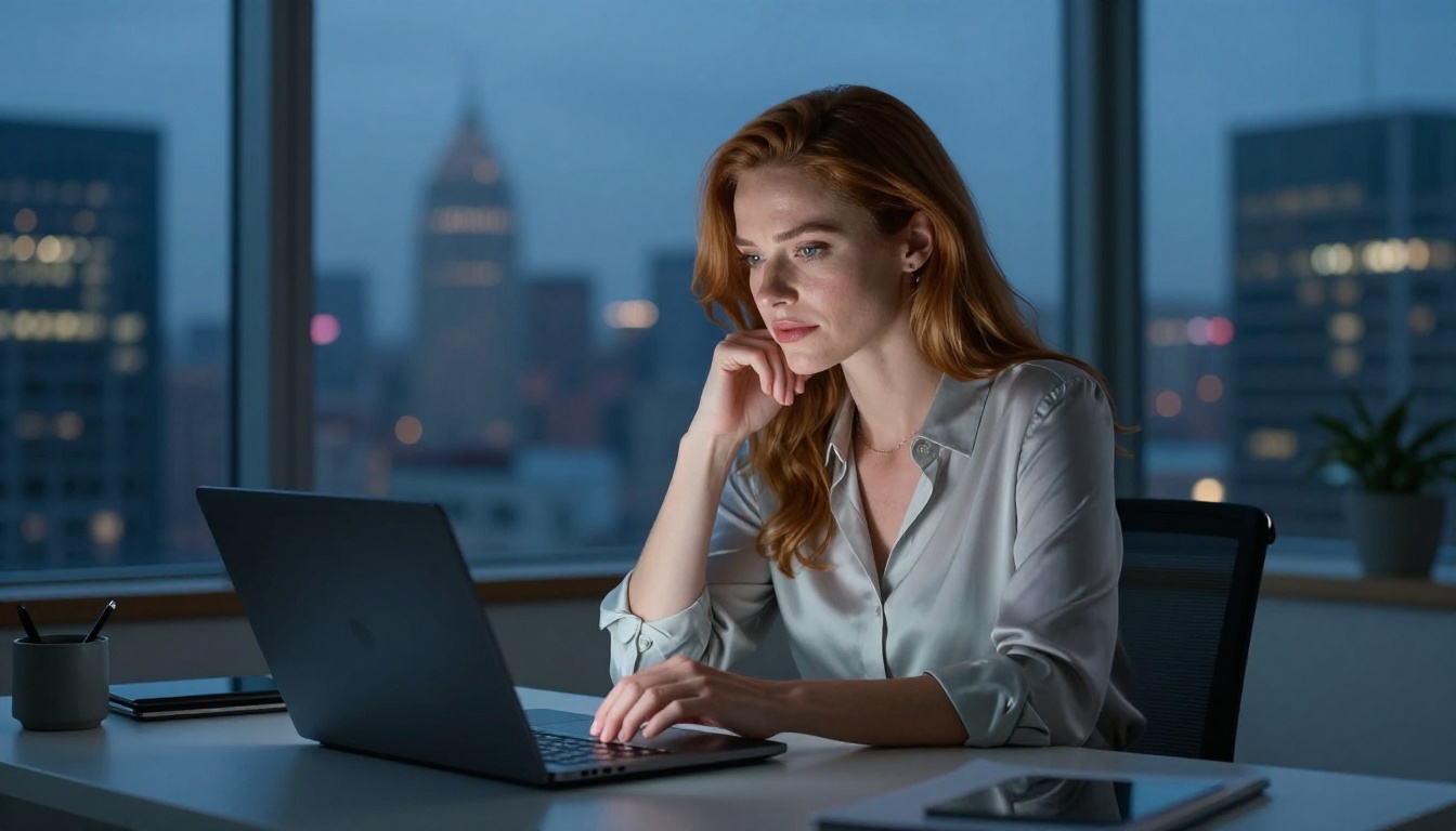 Woman using AI platform on laptop at dusk