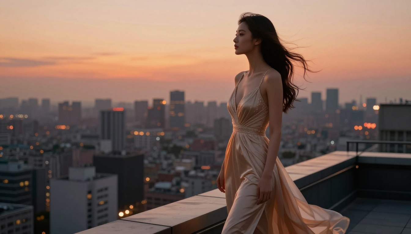 Woman on rooftop at sunset golden hour