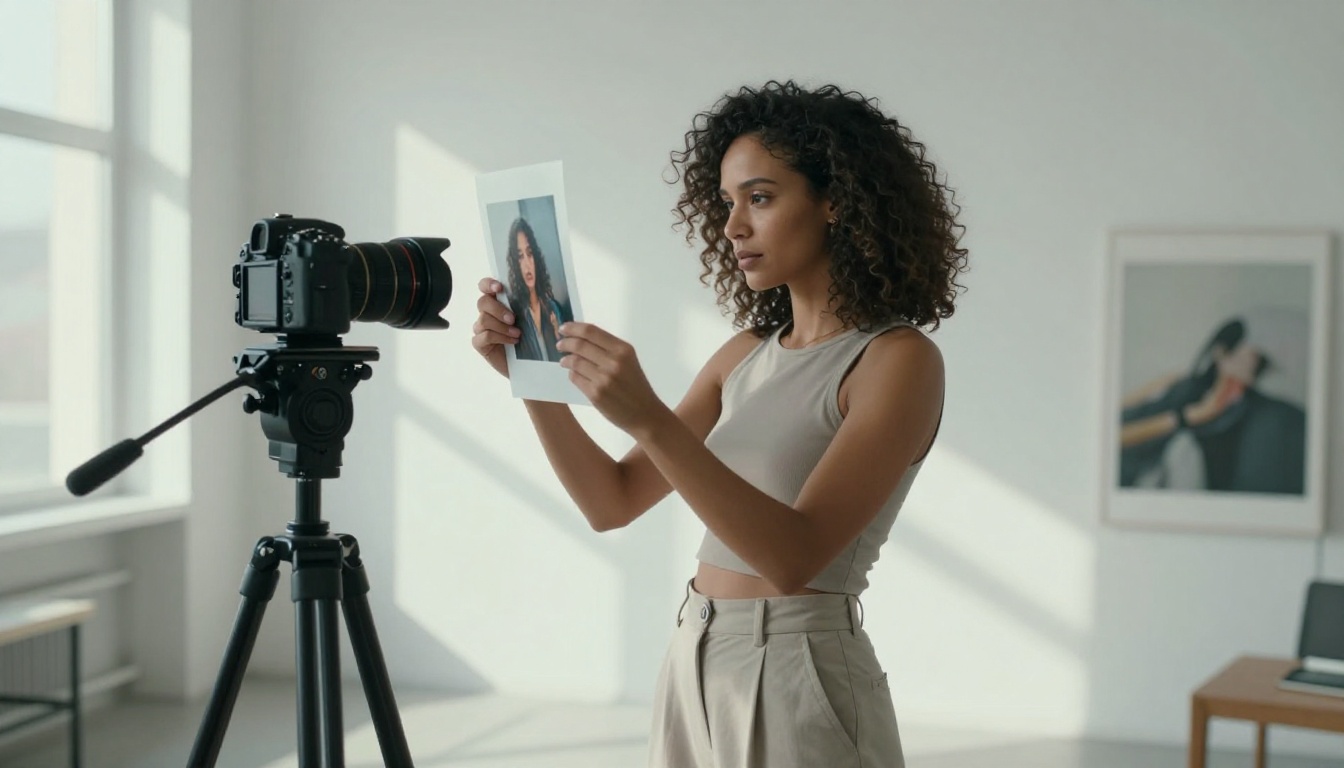 Photographer examining prints in minimalist studio