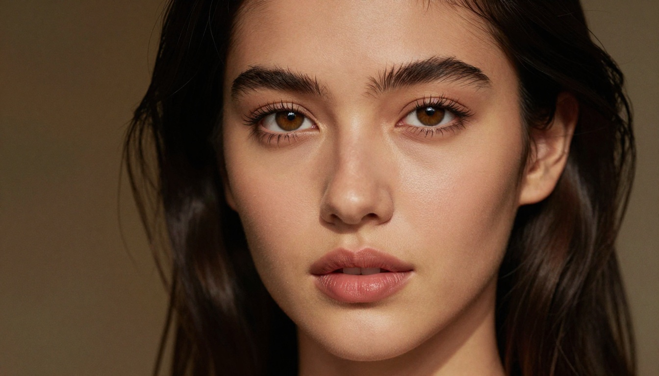 Close-up portrait of a stunning woman with hazel eyes and natural beauty, Rembrandt lighting, editorial photography