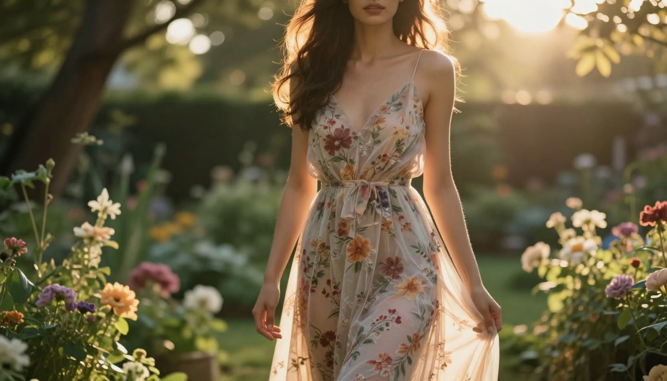 Woman in floral sundress in a sun-dappled garden, dappled morning light, romantic editorial photography
