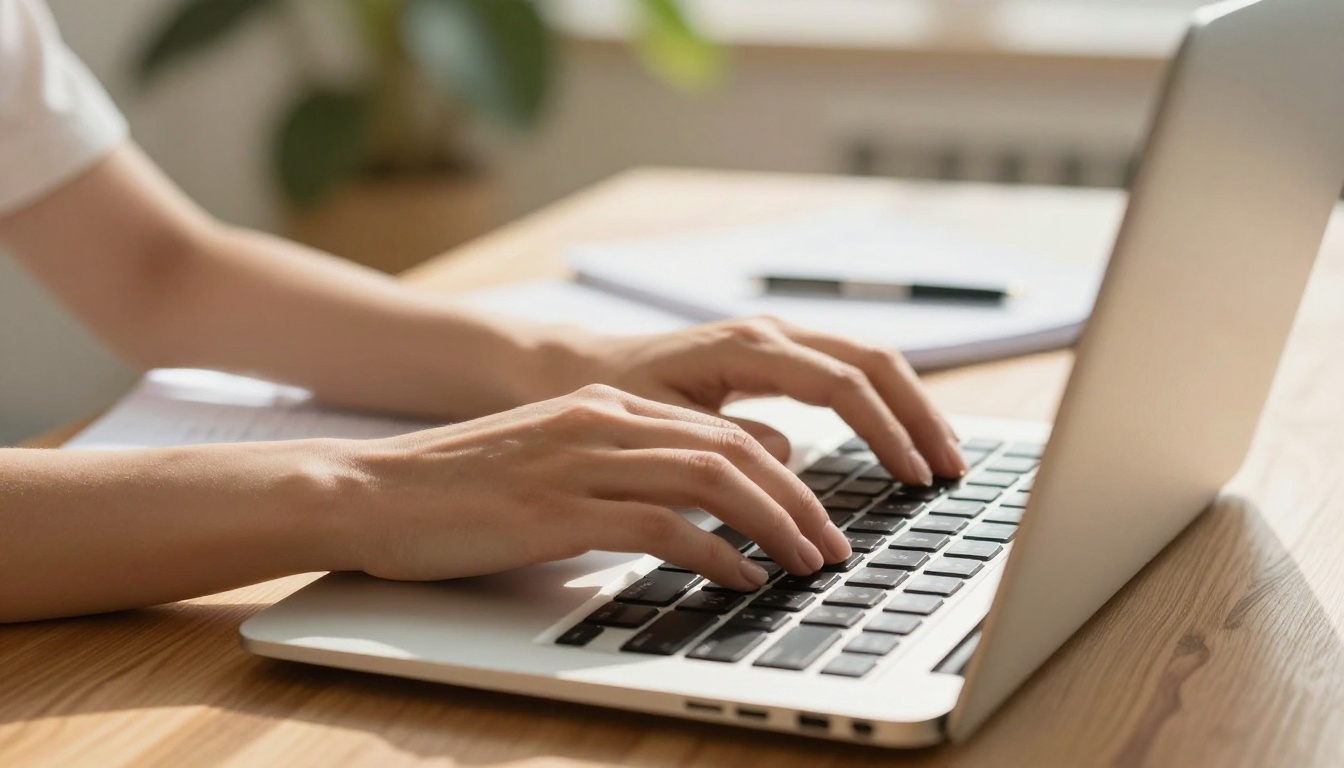 Elegant hands typing on laptop, golden afternoon sunlight, shallow depth of field