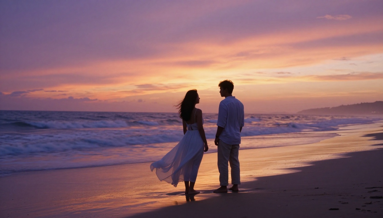 Two silhouettes of a couple on a wide beach at twilight with a gradient sunset sky reflected in wet sand