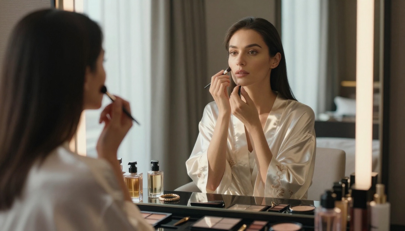 Woman in silk robe at vanity mirror, morning light luxury suite Woman in silk robe at vanity mirror, morning light luxury suite