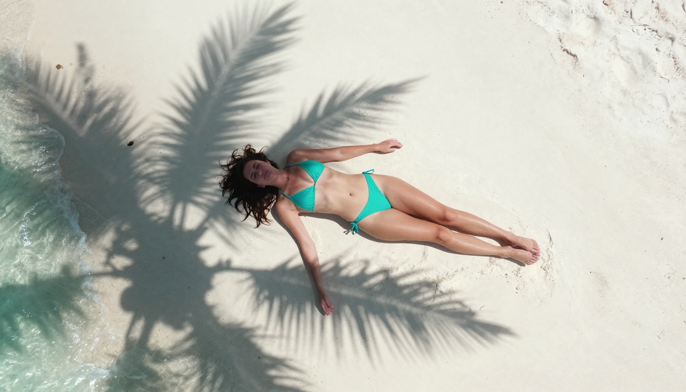 Aerial view of woman on white sand beach