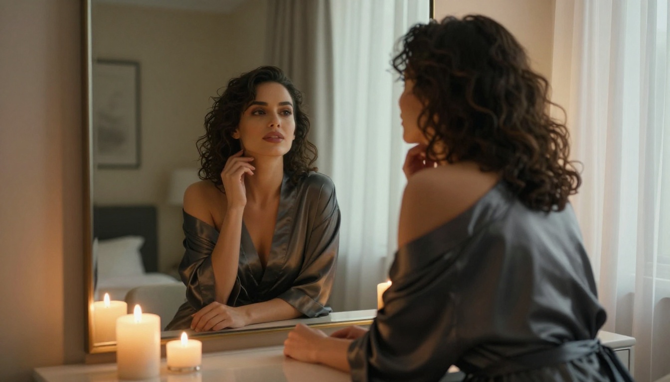Glamorous woman at vanity mirror, luxurious hotel suite, candlelight and morning light