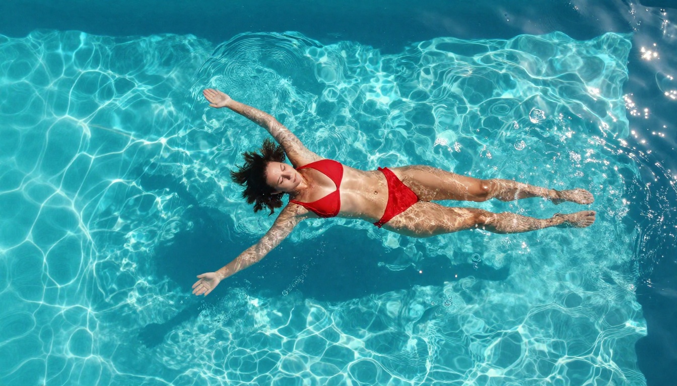 Aerial view of woman in red swimsuit floating in crystal-clear pool, summer lifestyle photography