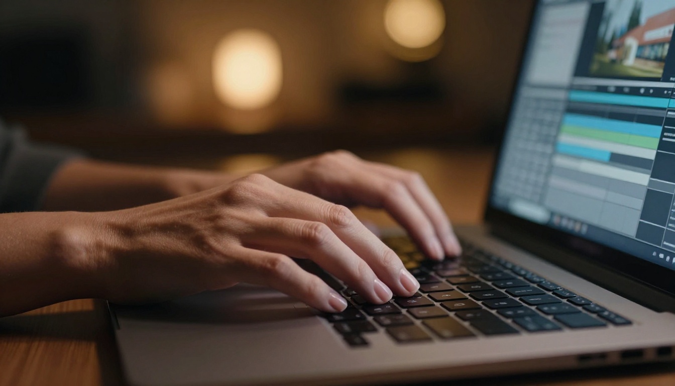 Close-up hands working on a video editing interface at night