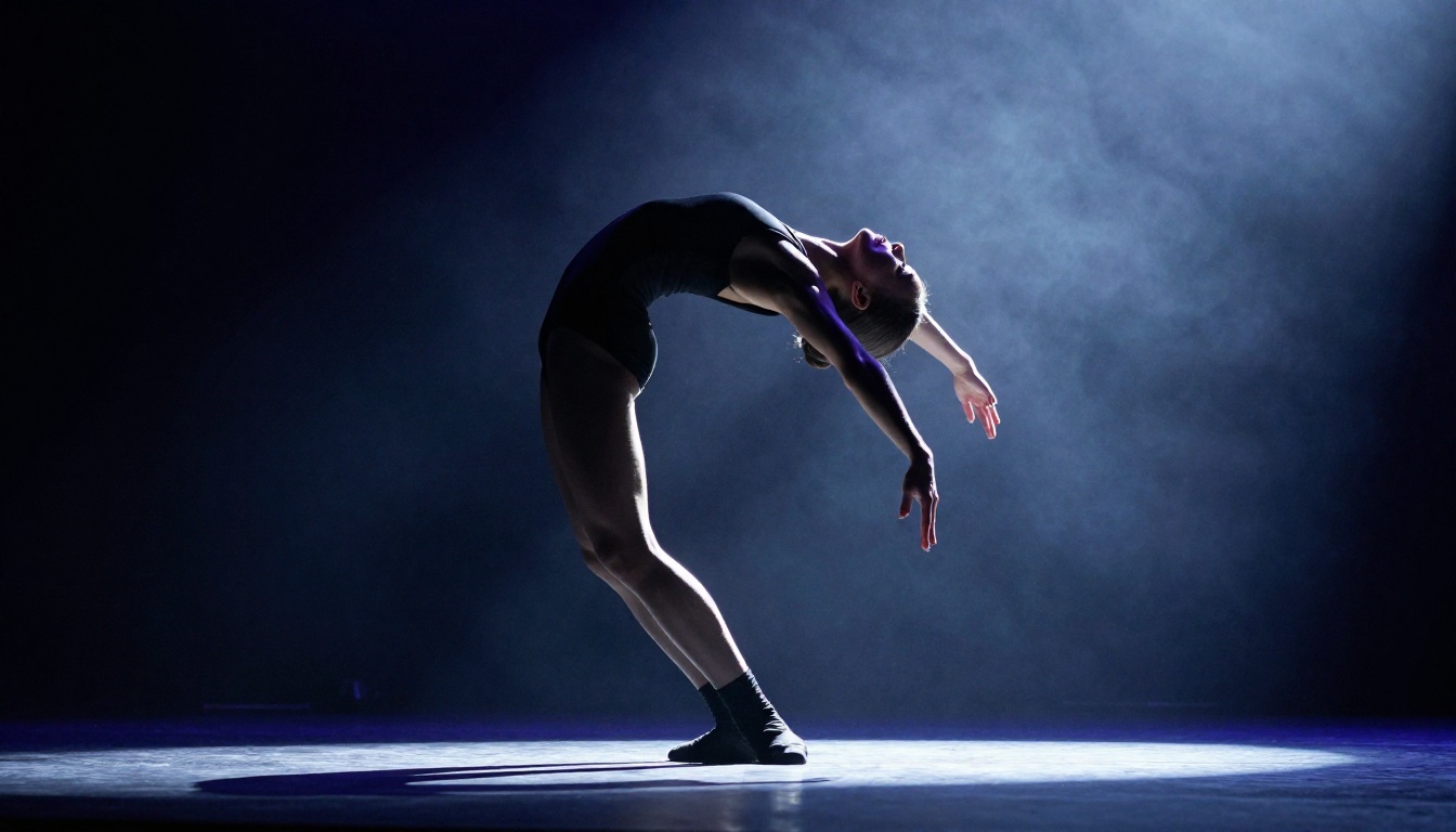 Performer in fitted black leotard on stage, dramatic spotlighting Performer in fitted black leotard on stage, dramatic spotlighting