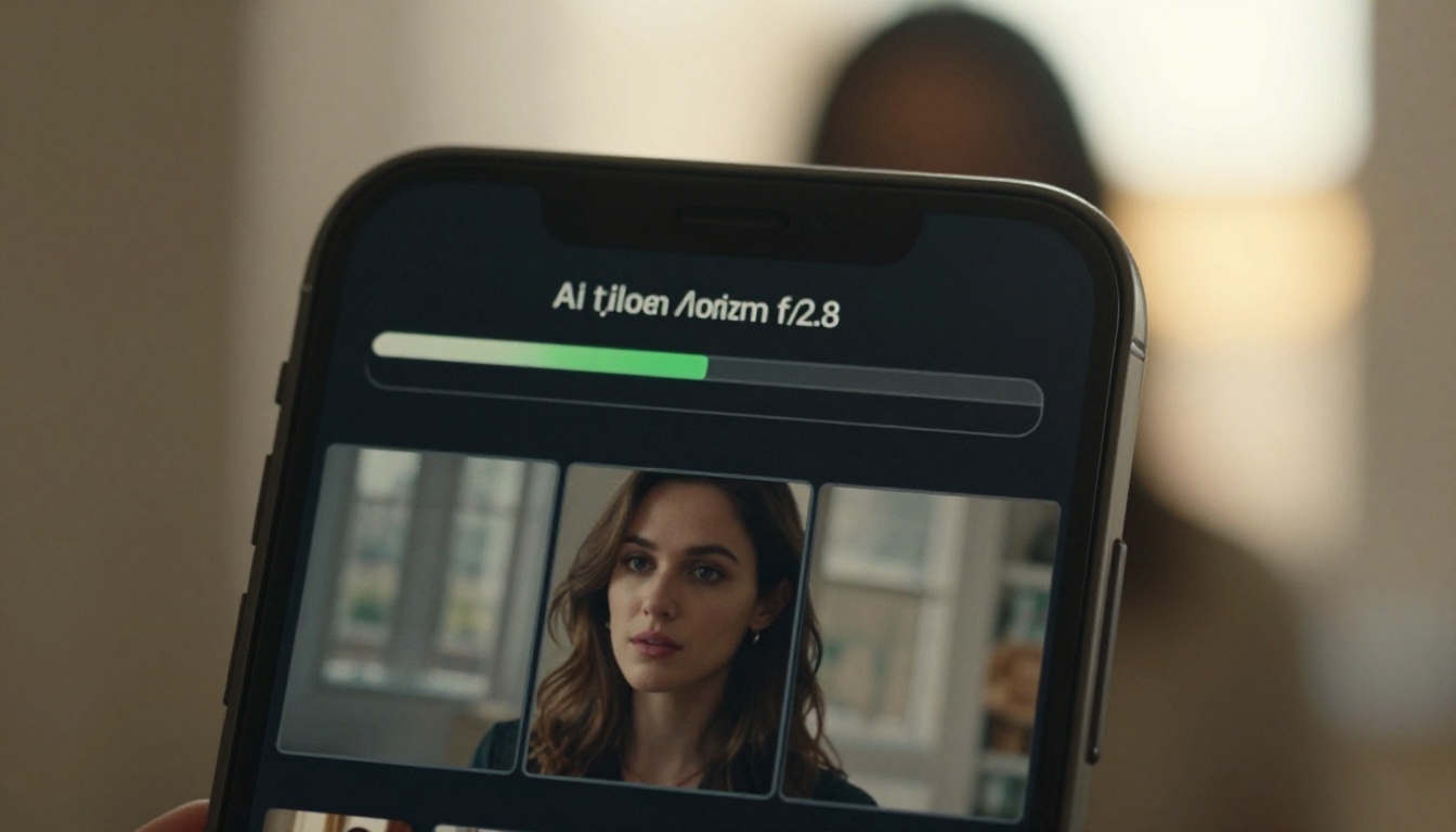 Smartphone screen showing AI video generation progress interface, warm bokeh background