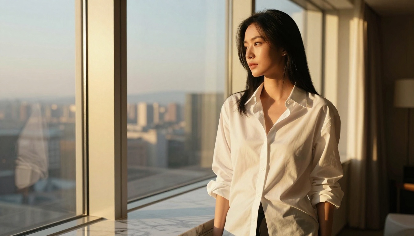 Woman by window in golden hour light