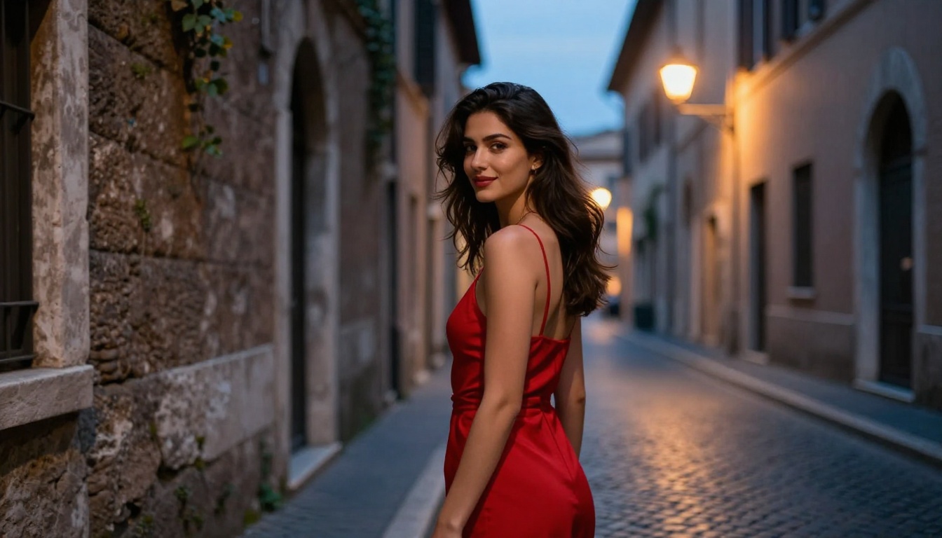 Woman in red dress on cobblestone street in Rome at dusk Woman in red dress on cobblestone street in Rome at dusk