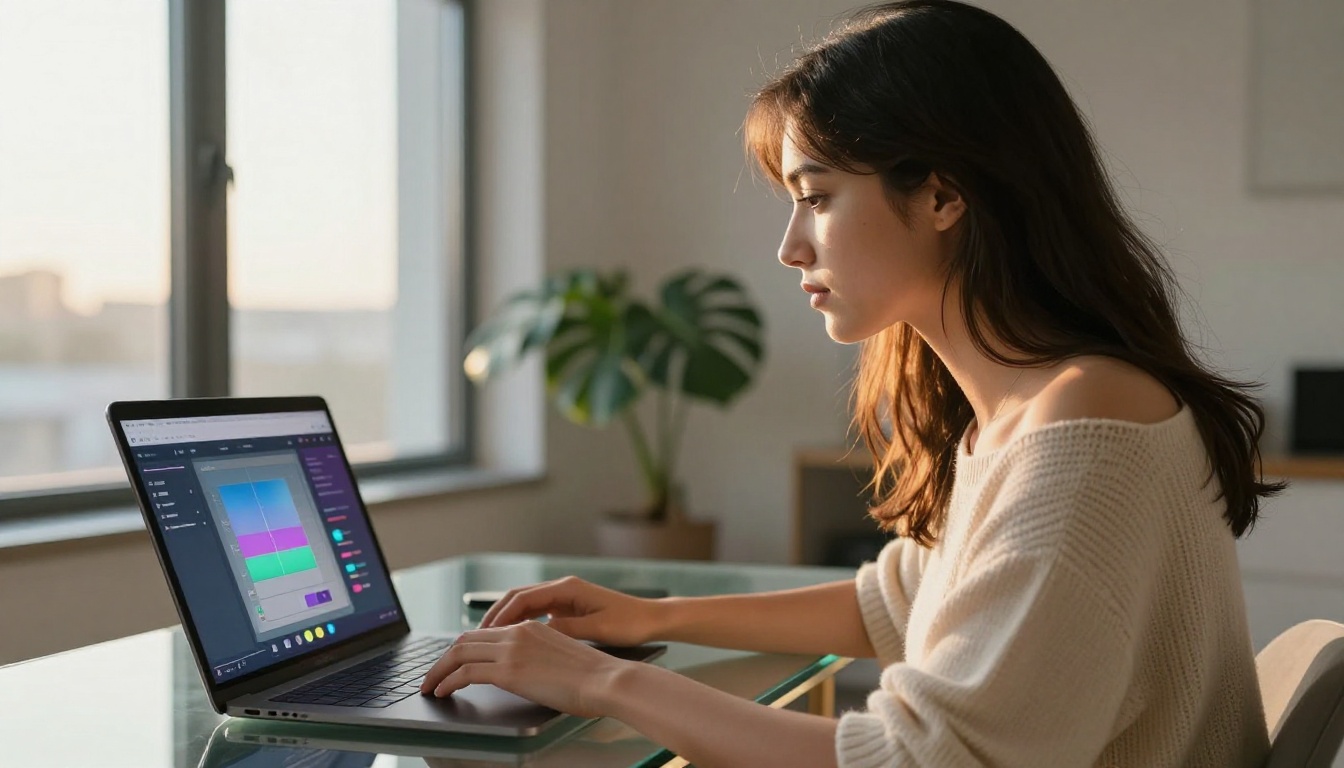 Woman working at a laptop showing an AI video generation interface, warm afternoon light, side profile, editorial lifestyle photography