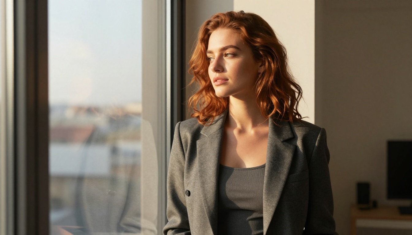 Beautiful woman with auburn hair, golden hour window light, modern apartment