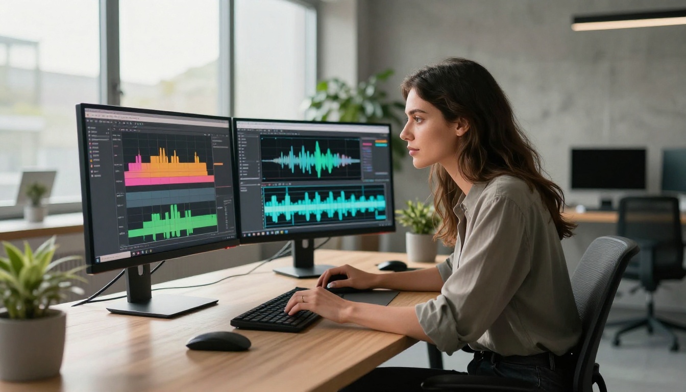 Woman working at a creative AI video workstation