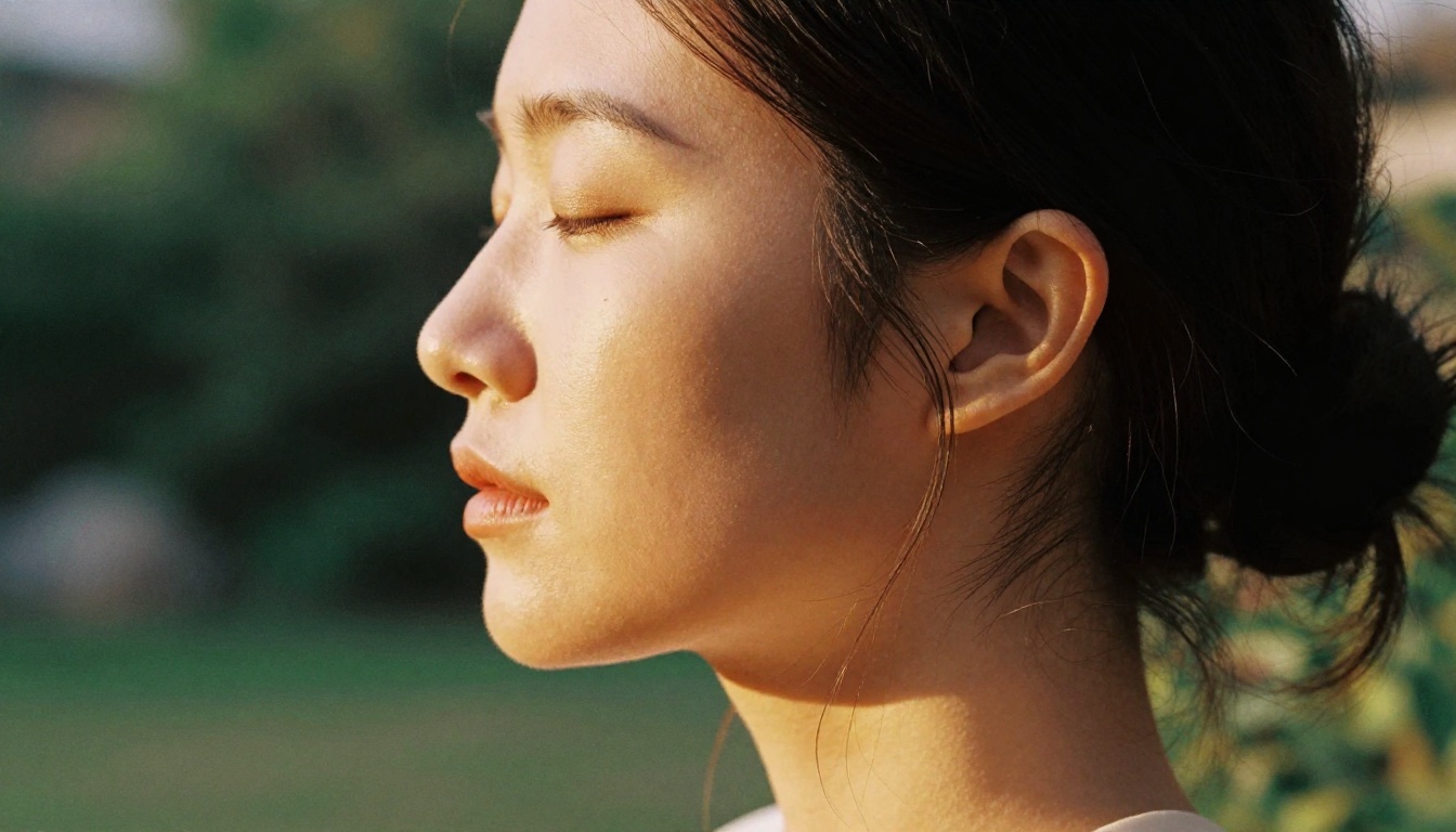 Woman in profile, golden afternoon light on her face, garden background