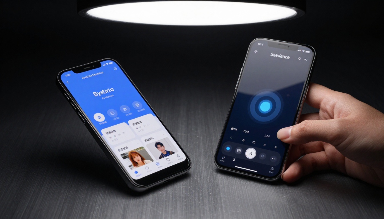 Two modern smartphones side by side showing AI video generation interfaces on a brushed aluminum surface, studio macro photography