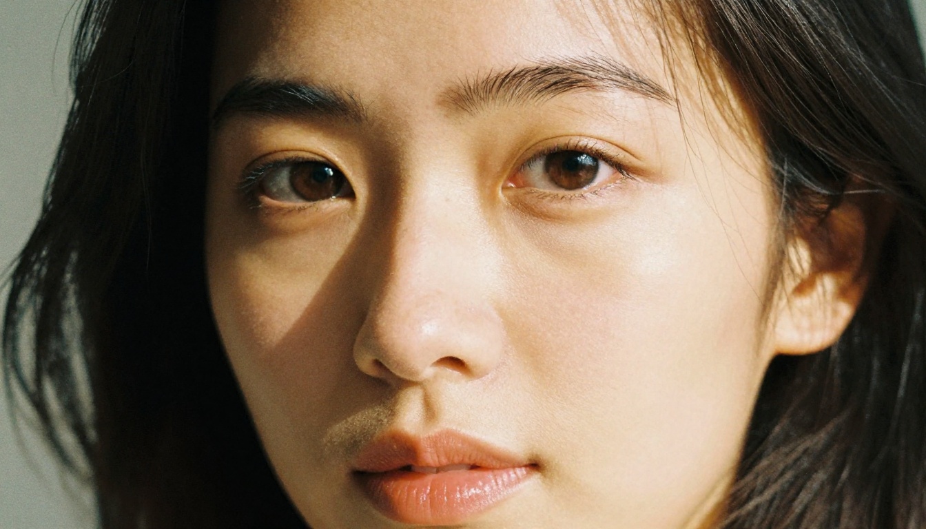 Confident woman, close-up portrait, soft natural window light