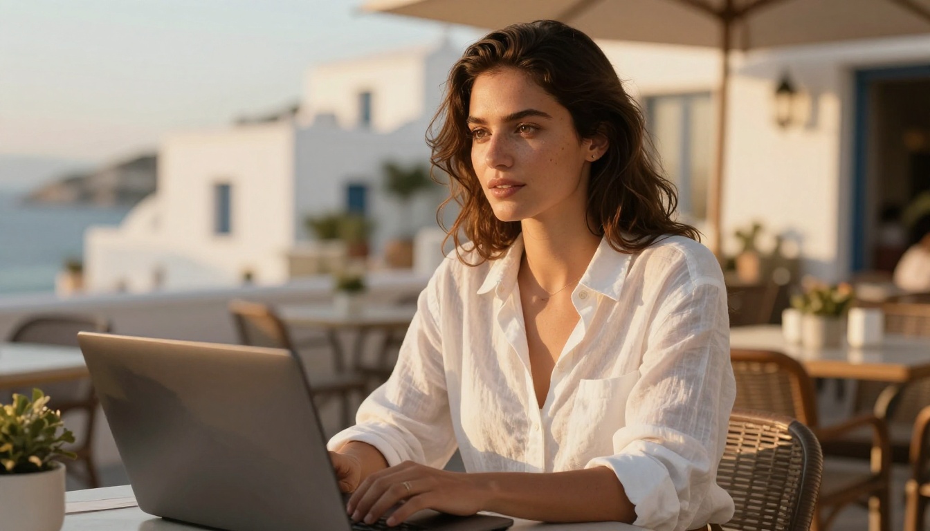 Woman at café terrace, open linen shirt, Mediterranean architecture, golden hour