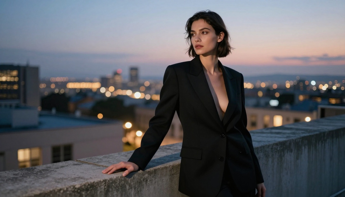 Rooftop editorial portrait at dusk city skyline bokeh Rooftop editorial portrait at dusk city skyline bokeh