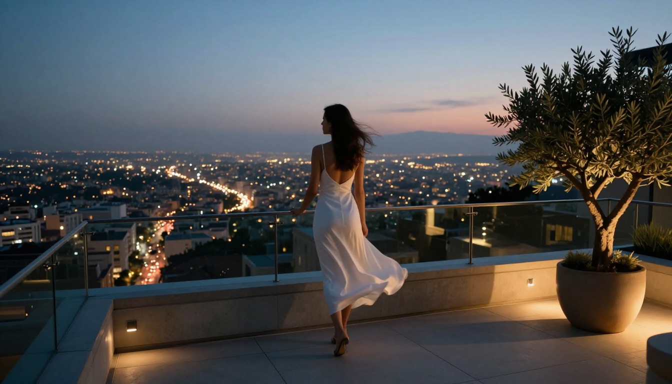 Rooftop city panorama at blue hour twilight