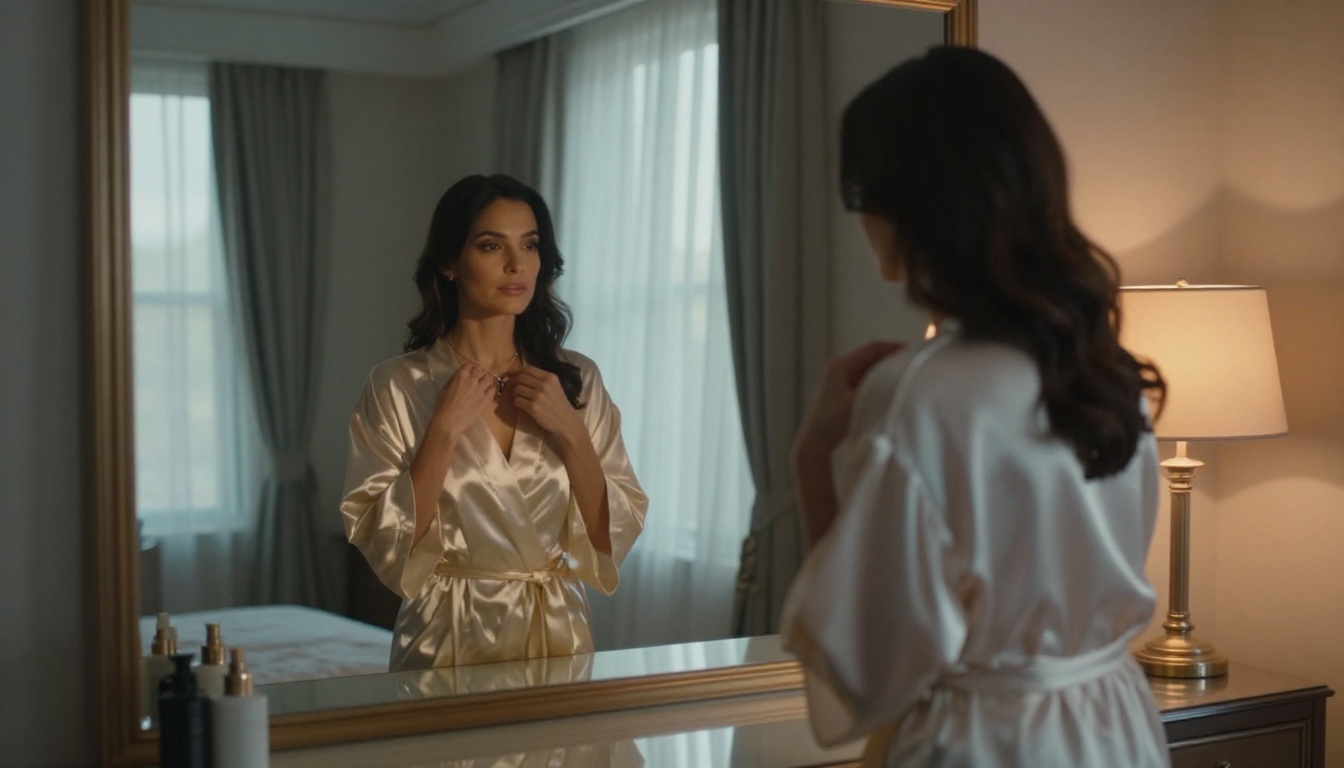 Woman in ivory satin robe at vanity mirror, dawn light through curtains