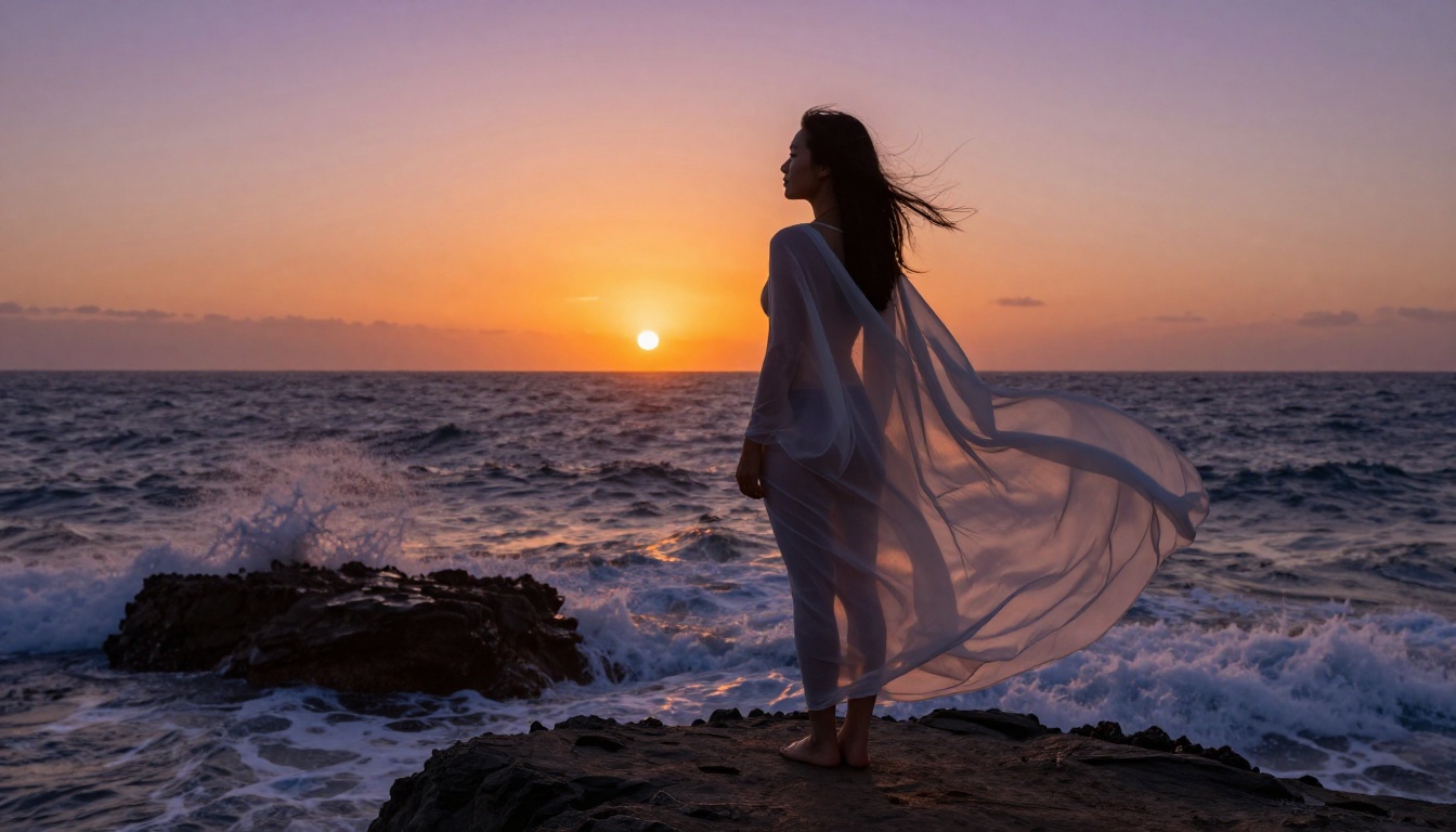 Woman in sheer beach cover-up on a rocky cliffside at sunset, ocean below