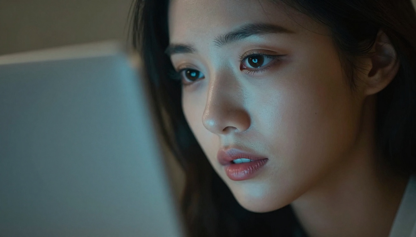 Close-up portrait with chiaroscuro screen lighting, mysterious expression