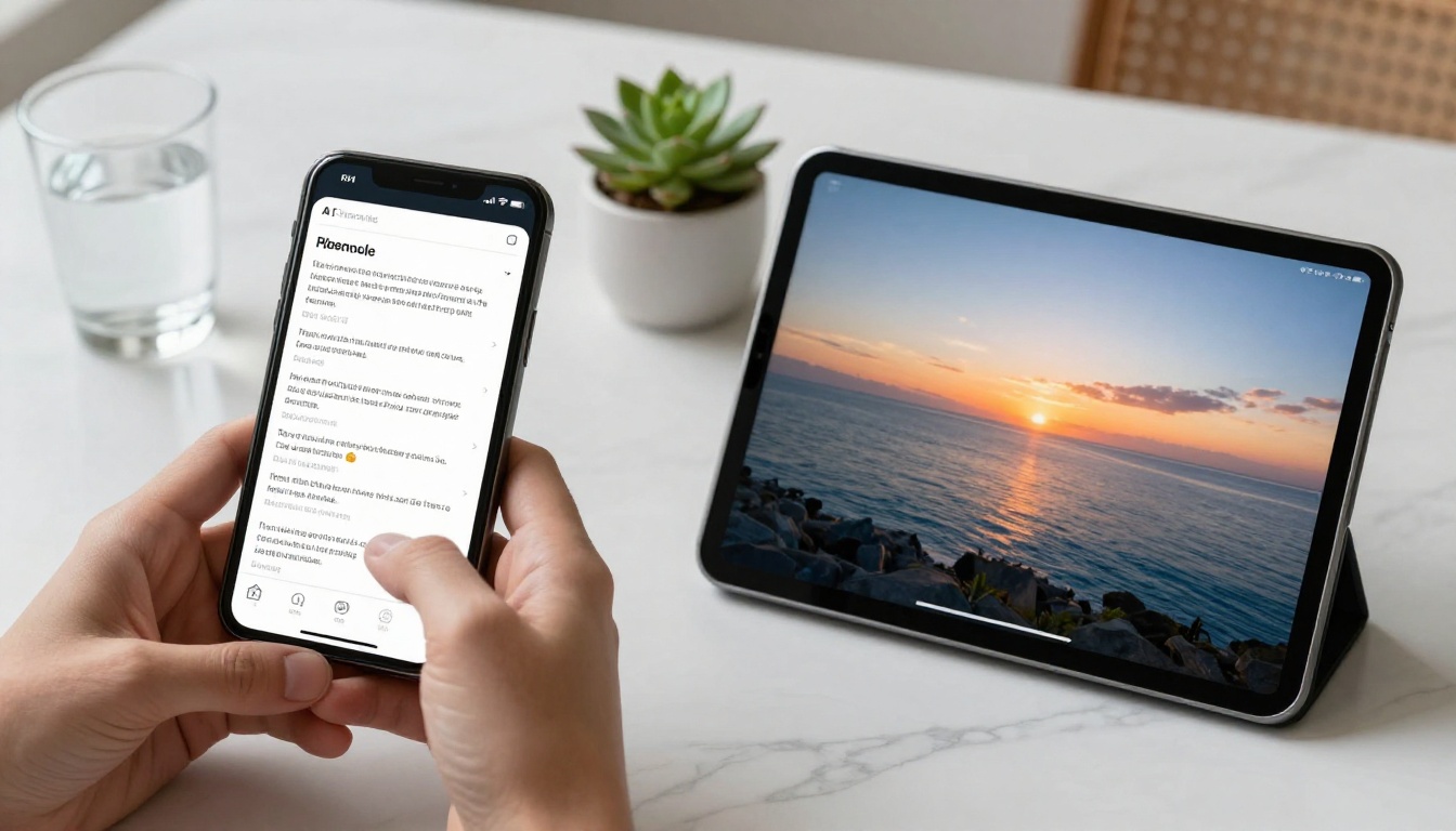 A phone and tablet on a marble countertop showing an AI video app interface and a generated video preview