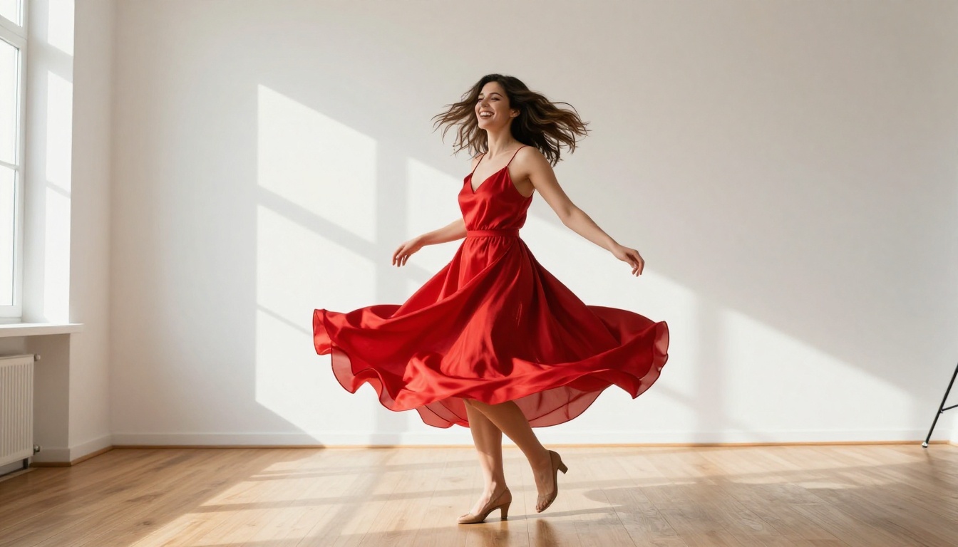 Woman in red silk dress twirling in sunlit photography studio