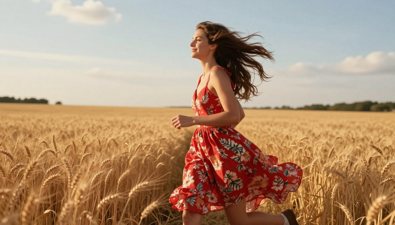 Woman in red floral sundress running through golden wheat field