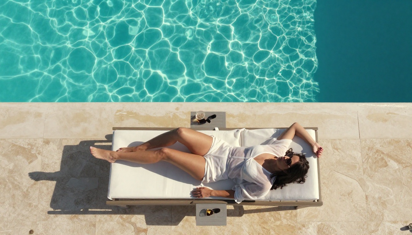 Aerial overhead shot of woman by infinity pool in Mediterranean setting
