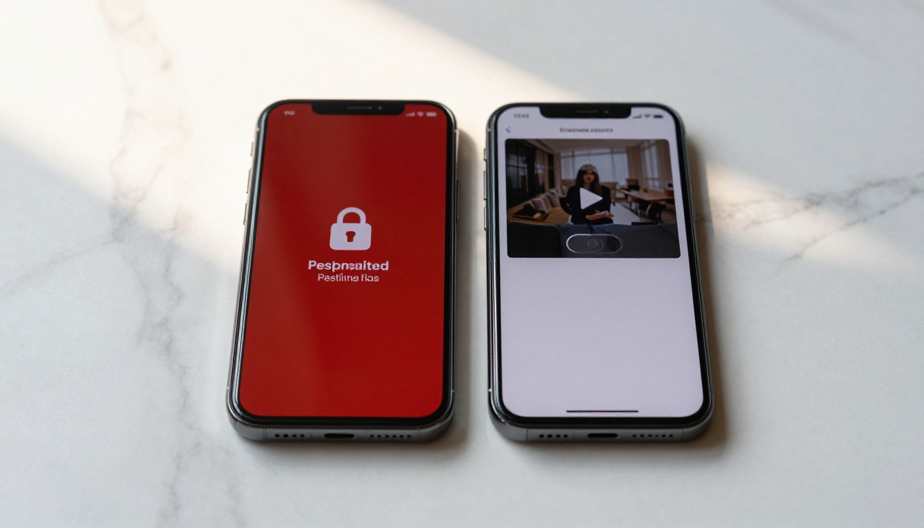Two smartphones on marble, one showing content restriction screen, one showing completed AI video