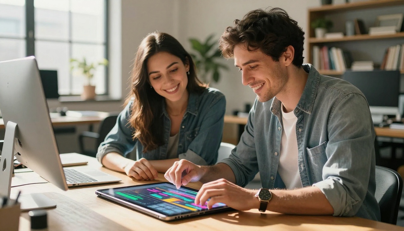 Man and woman collaborating over AI video content in modern creative workspace