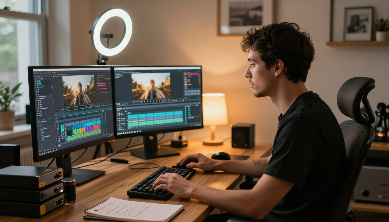 Professional content creator at studio desk with dual monitors