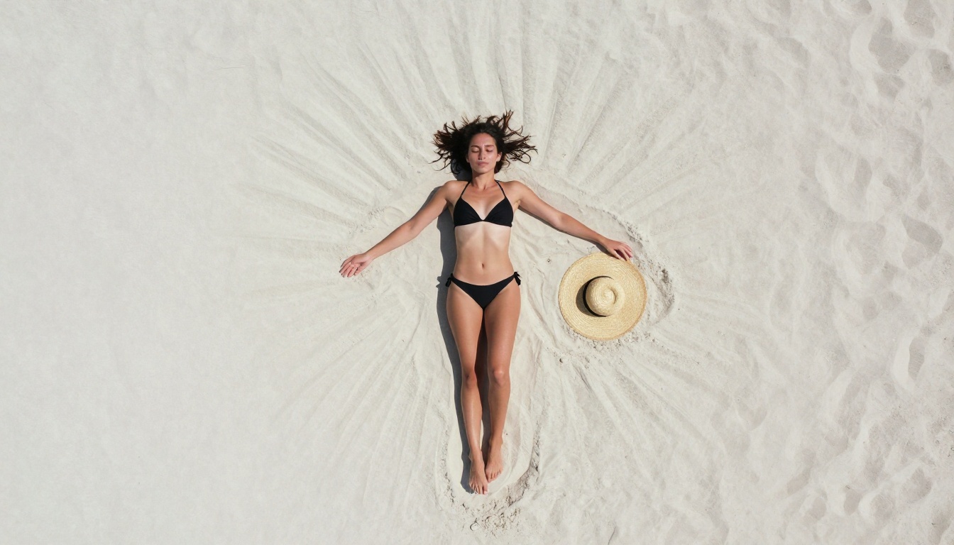 Aerial drone overhead view of woman on white sand beach