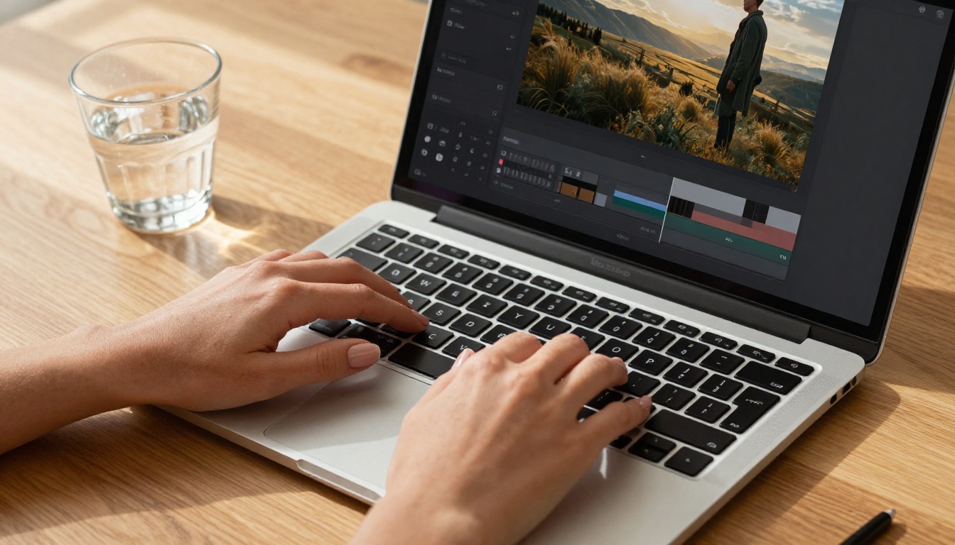 AI video generation interface on a laptop with timeline controls and cinematic frame preview