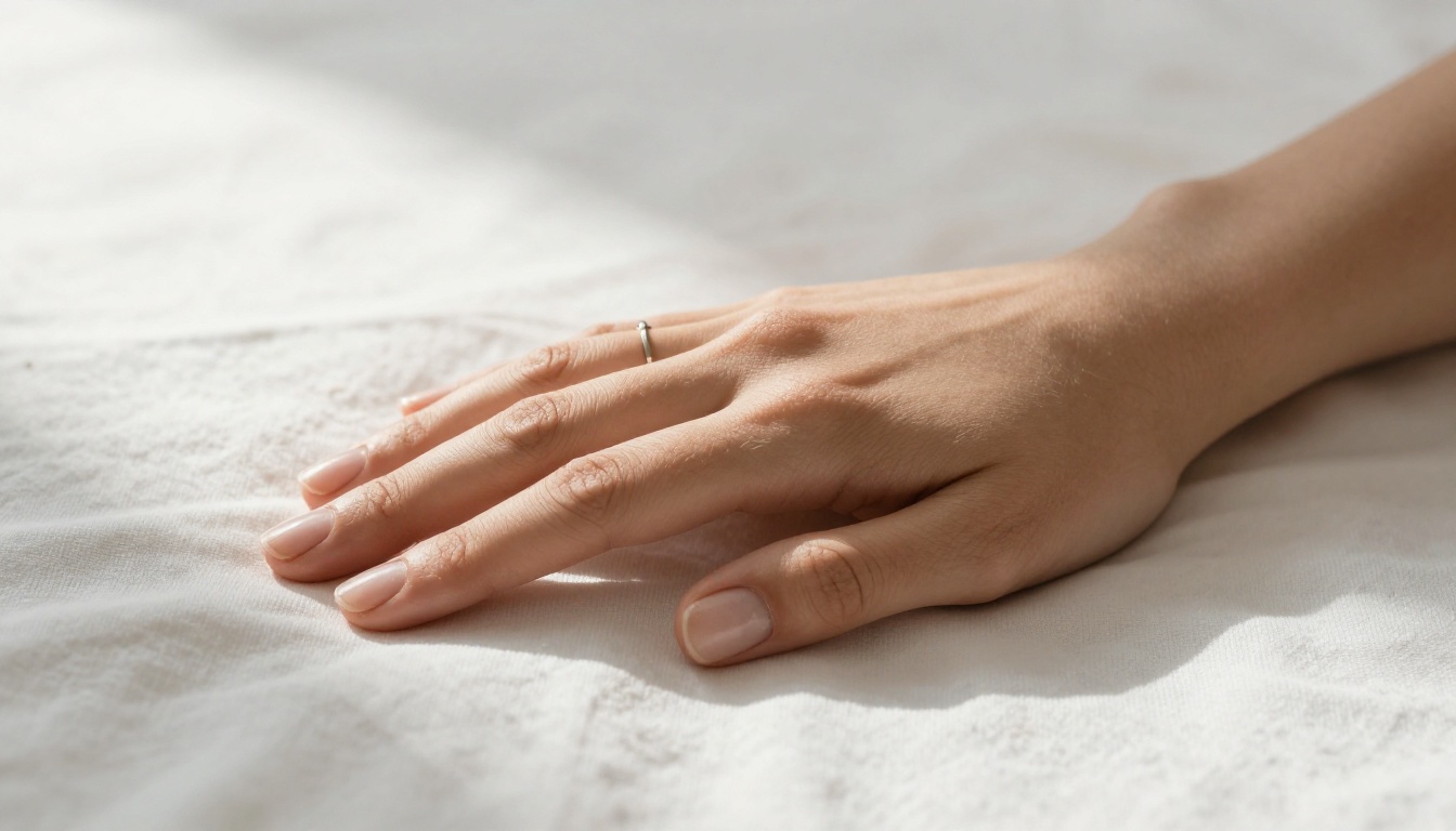 Macro close-up of woman's hand on white linen, morning light