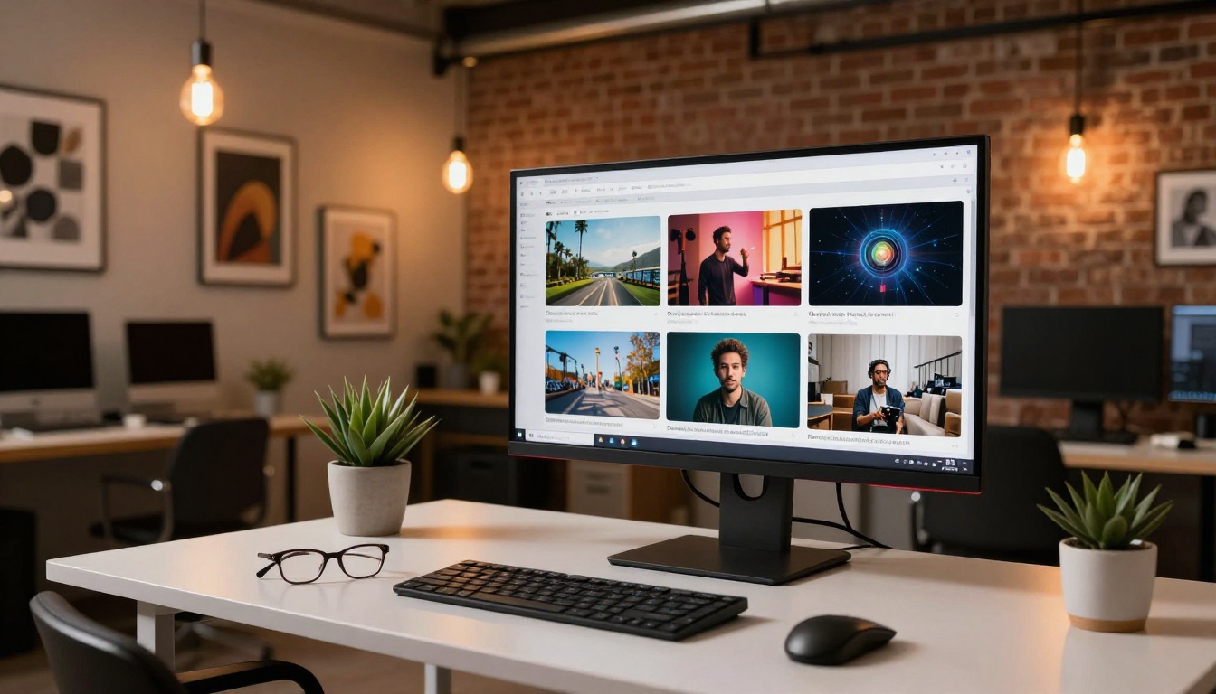 Modern creative studio workspace with AI video generation platform displayed on a large monitor
