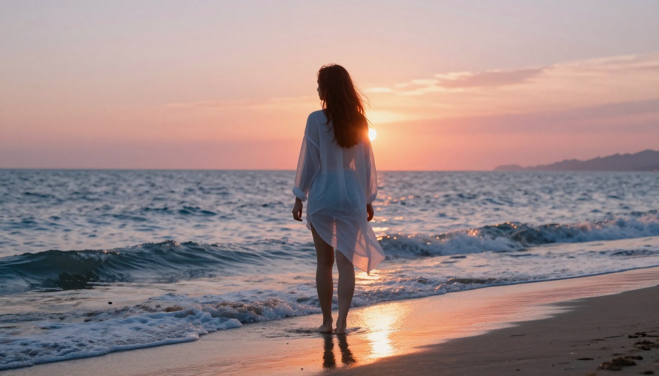 Woman in white oversized shirt at ocean shoreline, backlit at dusk