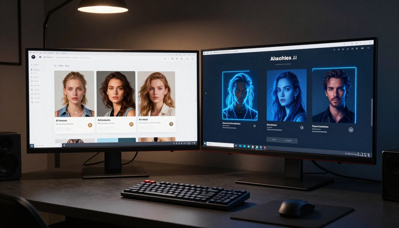 Dual monitor comparison setup showing two AI platform interfaces side by side in moody lighting