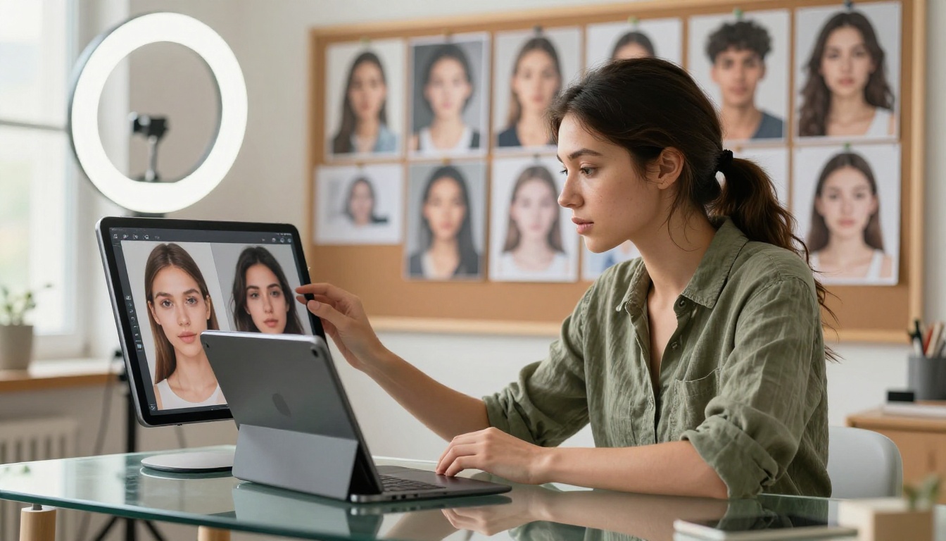 Woman content creator reviewing AI-generated images on a tablet in a bright home studio