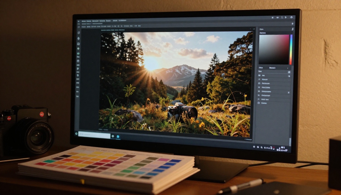 Artistic close-up of a high-resolution image displayed on a professional color-calibrated monitor in a photography studio