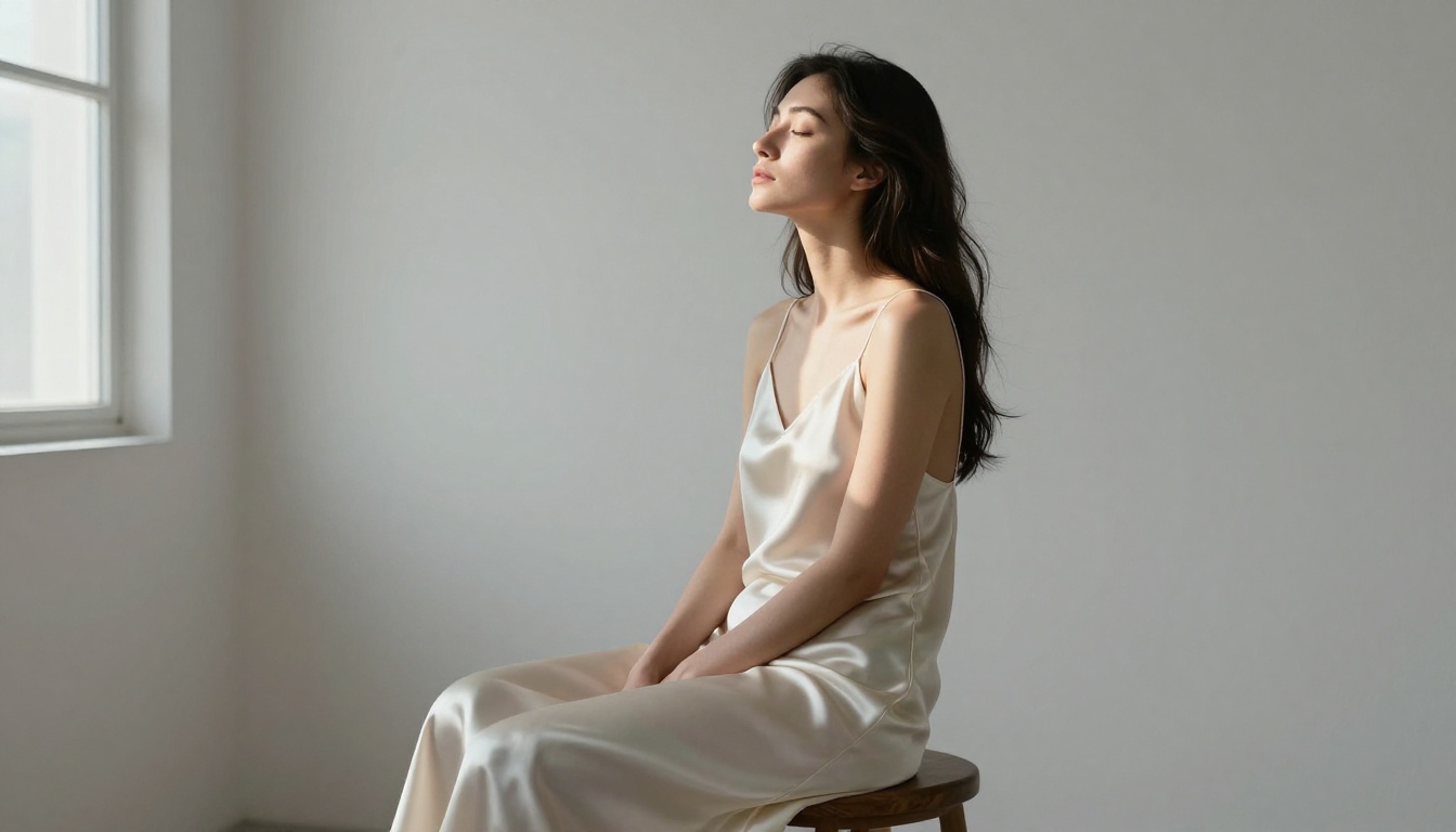 Dramatic fine art portrait of a woman in an ivory silk dress in a minimal white studio with directional window light