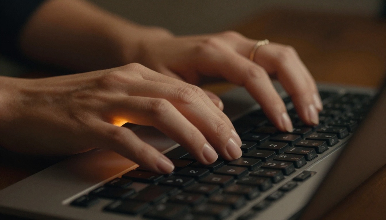 Elegant female hands typing a detailed AI video prompt on a mechanical keyboard