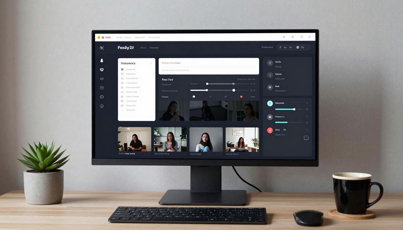 AI video generation platform interface on a professional monitor setup