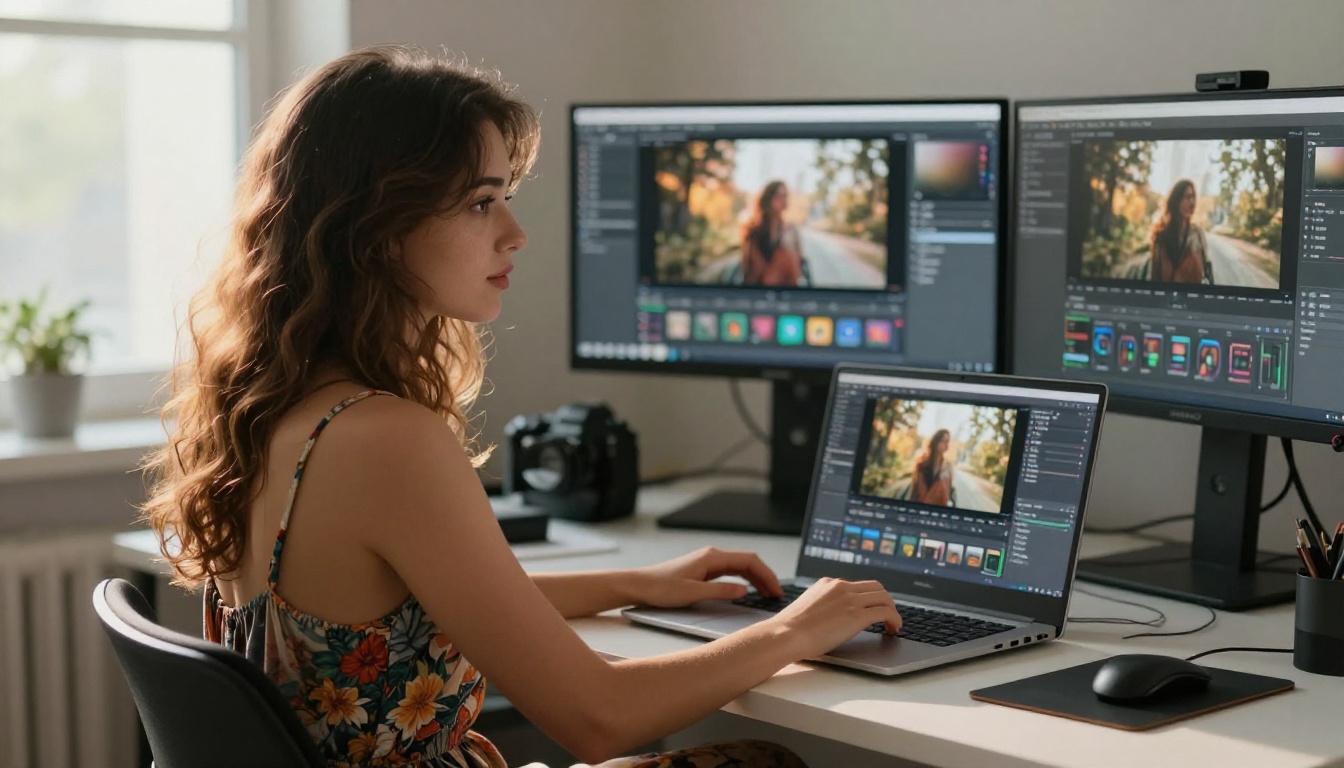 Woman at creative video generation workspace