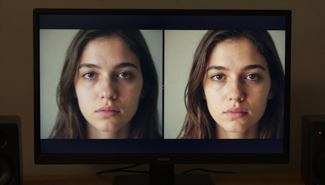 Split monitor comparison showing poor AI video quality versus photorealistic output